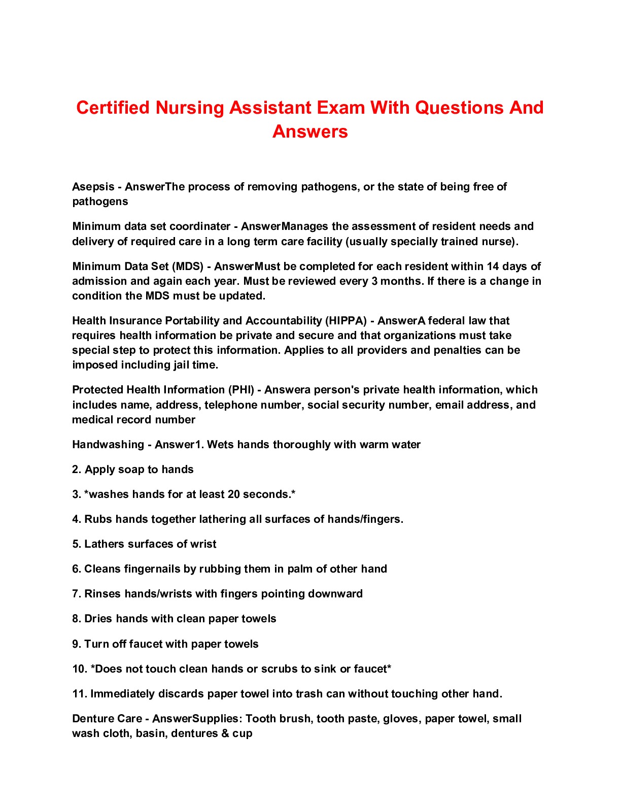 Certified Nursing Assistant Exam With Questions And Answers Browsegrades